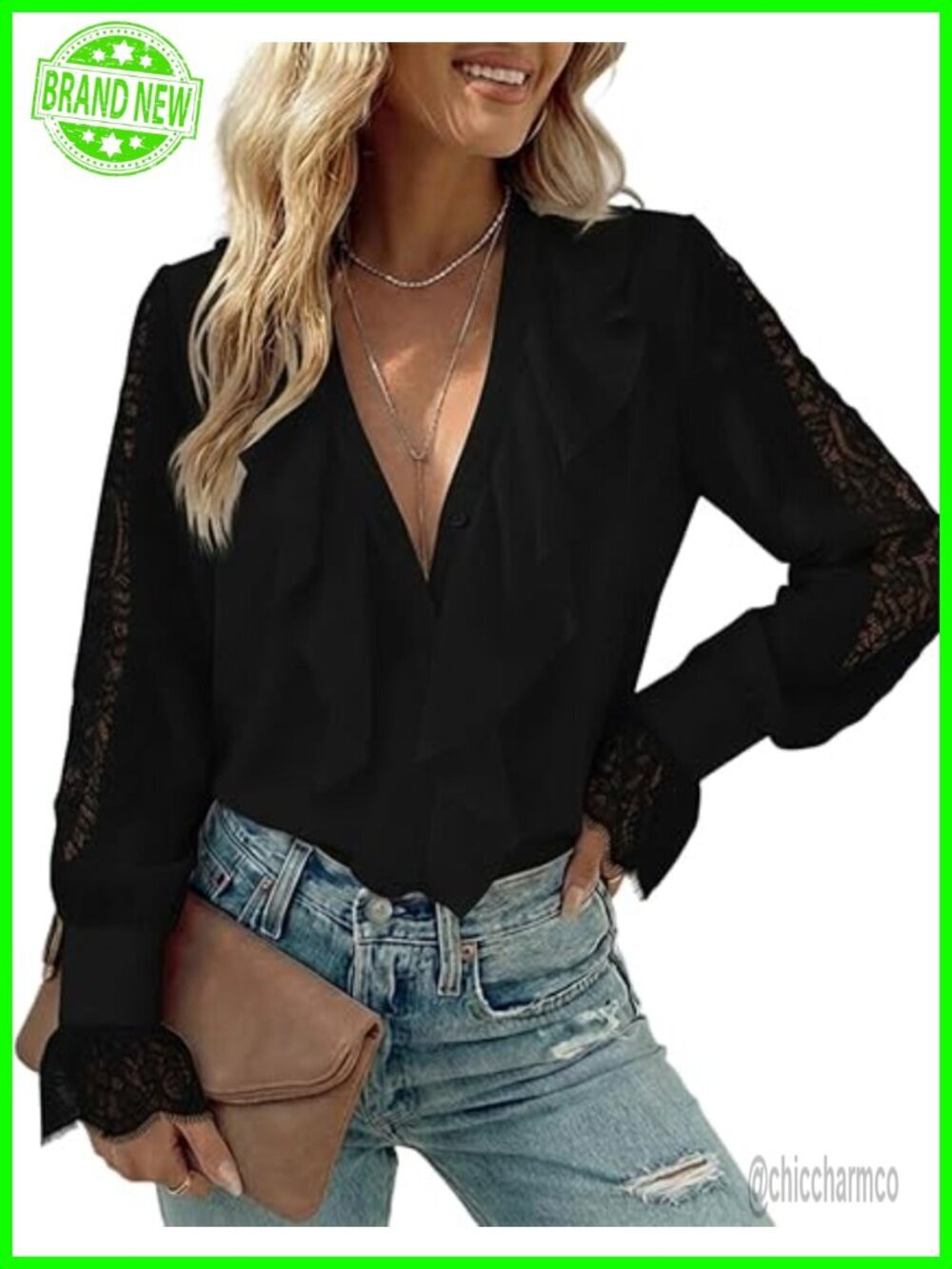 V-Neck Button Down Blouse with Lace Patchwork Ruffle Detail Long Sleeve